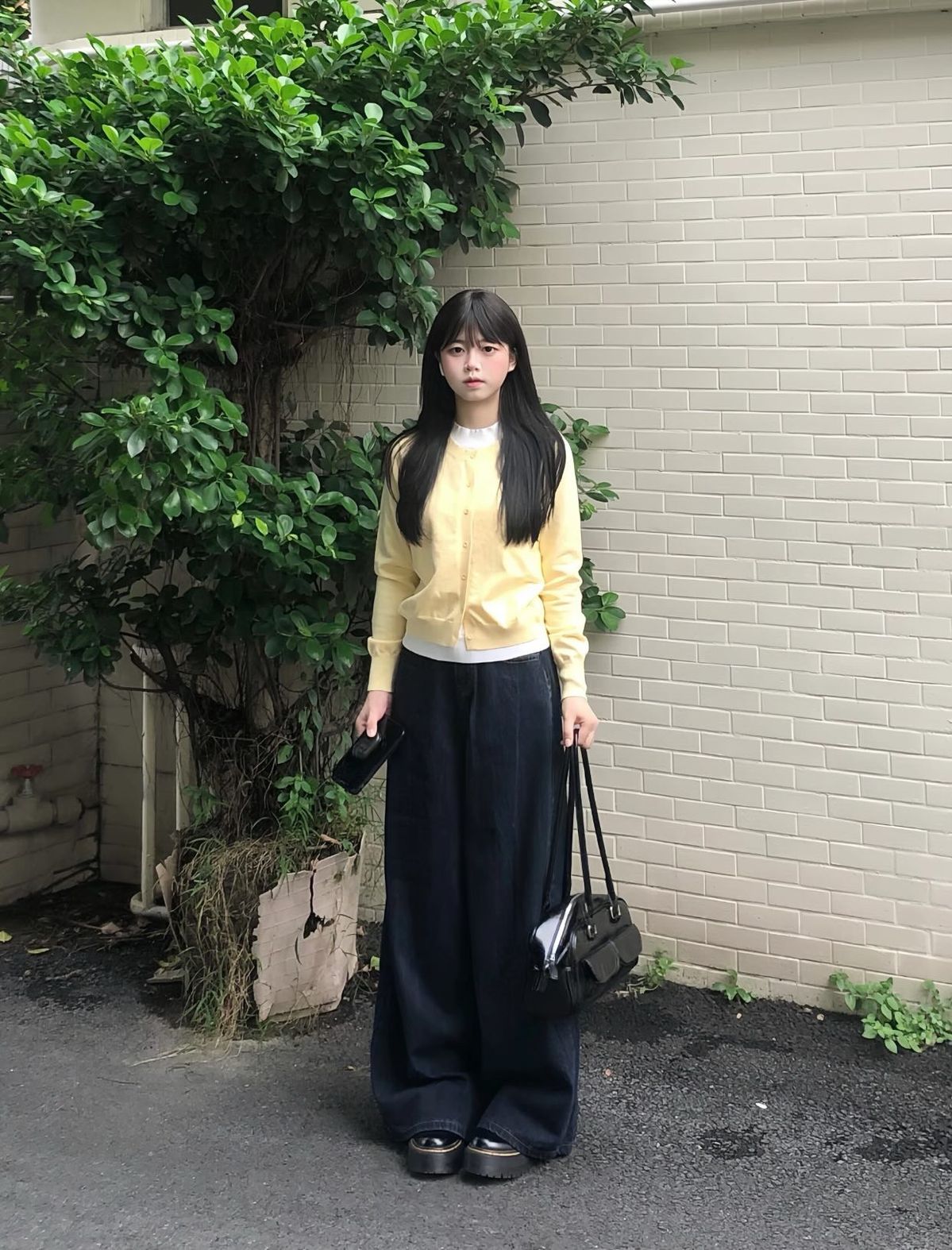 A yellow cardigan over a white top paired with dark wide leg pants and black platform shoes.